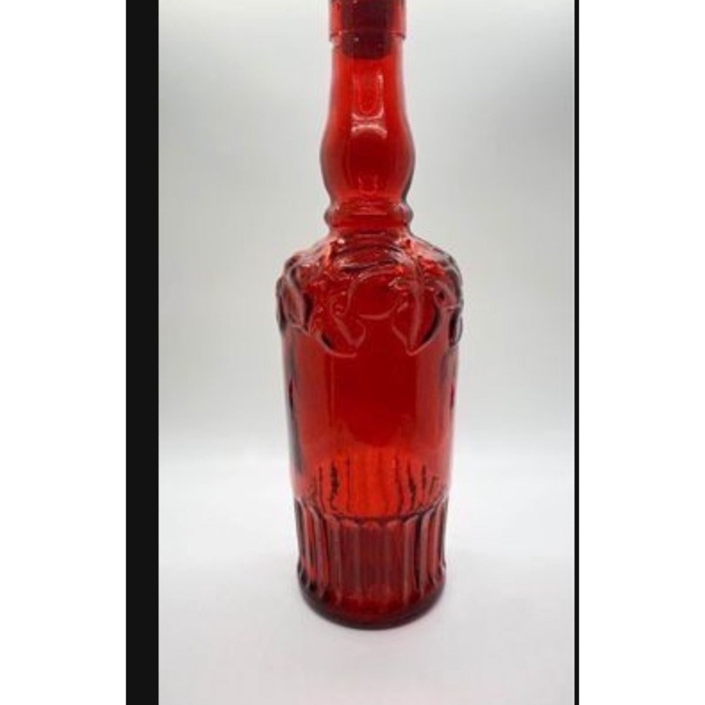 PIER ONE Imports Cranberry Ruby Red Glass Bottle Embossed 11"